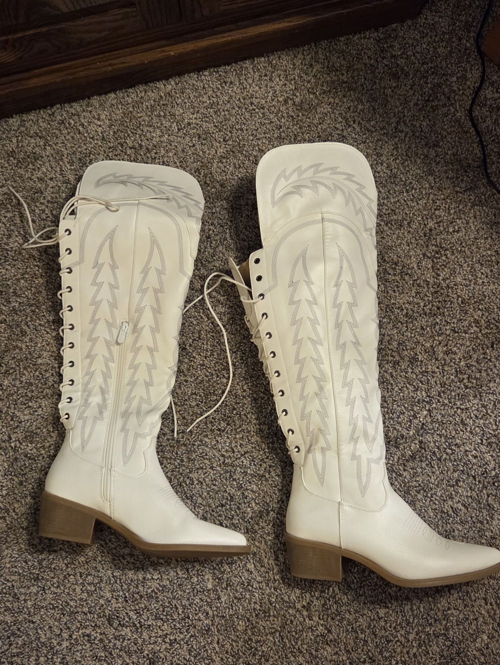 White Lace-Up Western Thigh-High Boots